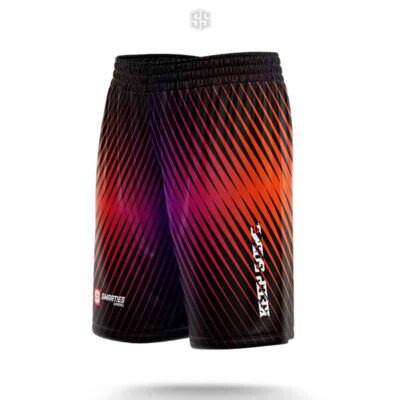 Colorful patterned athletic shorts with "Smarties" logo for activewear enthusiasts.