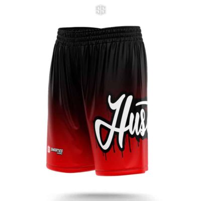 Stylish black and red graffiti shorts with "Hustle" graphic for athletic wear and street fashion.