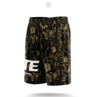 Stylish skull graphic sports shorts for men, featuring bold branding and comfortable fit. Perfect for casual and activewear.